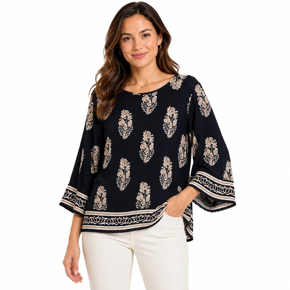 Emory Rose Blouse Womens XL Navy Floral Block Print Bell Sleeve Viscose Top Boho